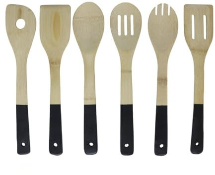 Gissed Utensilios de Cocina de Madera, Set de 6 Piezas, 30 cm, Mango Negro, Espátulas y Cucharas para Cocinar