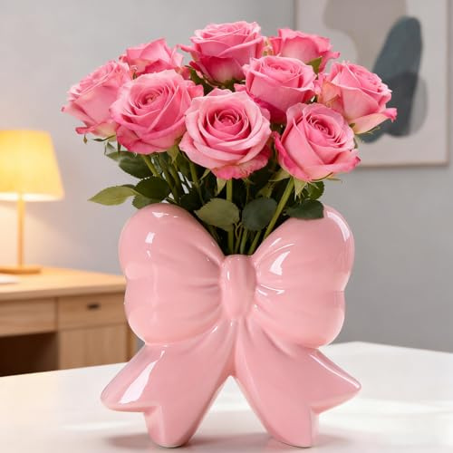 Disoza Rosa Vasen Schleife Tischdeko Keramik Modern Vase Vintage Vase für Pampasgras Blumen Trockenblumen Blumenvase Vasen für Hochzeit Porzelan Tulpenvase Küche Büro Wohnzimmer