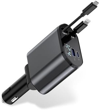 Retractable Car Charger, 4-in-1 Car Phone Charger 120W Fast Charge with 2 Retractable Cables and 2 USB Ports, Multi-Device Car Phone Charger Adapter for Cars, Trucks and Vans, Multifunctional