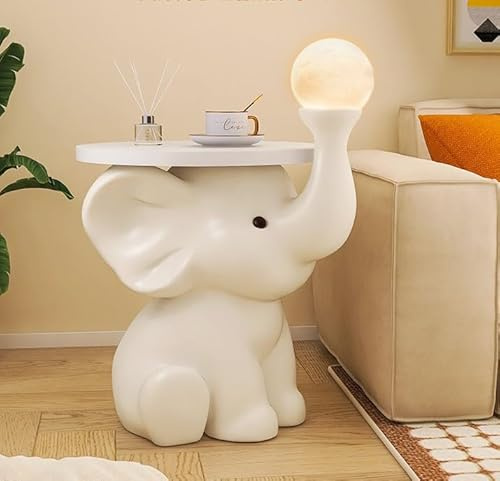 Elefant Beistelltisch mit LED-Licht, moderner cremeweißer Kunstharz, Tierakzenttisch für Wohnzimmer
