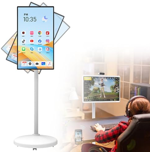 ZyKnaurral 32 Inch Mobile Smart Touch Screen Monitor, FHD Portable TV on wheel, Full Swivel Rotation Wireless TV,10000mAh Battery Operated with 4-5H Life,8MP Camera 32inch-6+64G