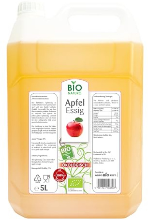 Bio Apfelessig 5L naturtrüb mit Essigmutter – BioNaturo – ungefiltert, 5% Säure, ohne Zusatzstoffe – aus ökologischem Anbau