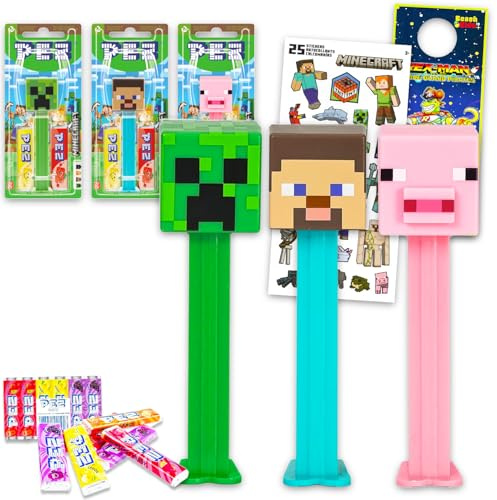 Minecraft PEZ - Juego de dispensadores – Paquete de 3 Pez con calcomanías Creeper, Steve, Alex, Pig Plus, más | Dispensador de dulces Minecraft 3 PEZ y 6 repuestos de caramelos