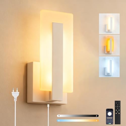 HUYOY LED Wandleuchte Innen mit Stecker Dimmbar Wandlampe mit Fernbedienung and APP Modern Nachttischlampe 3000K-6000K Up Down Wandbeleuchtung für Wohnzimmer Schlafzimmer Treppenhaus Wand Licht Weiß