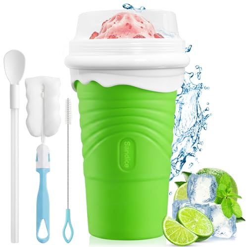 Slushy Maker in Silicone da 500 ml, Tazza per Slush e Granita e Smoothie Fatto in Casa, Con Cucchiaio-Cannuccia 2 in 1 e Spazzola per Pulizia, Riutilizzabile, per Casa, Picnic e Campeggio (Verde)