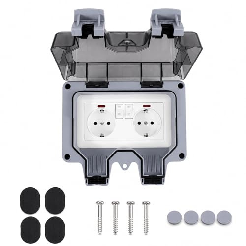Vexnaro Prise Exterieure Etanche IP66 Double,Prise de Courant avec Interrupteur et Voyant Lumineux,Prise Murale en Saillie avec Volet de Protection pour Jardin,Garage et Salle de Bain+ (Gris)