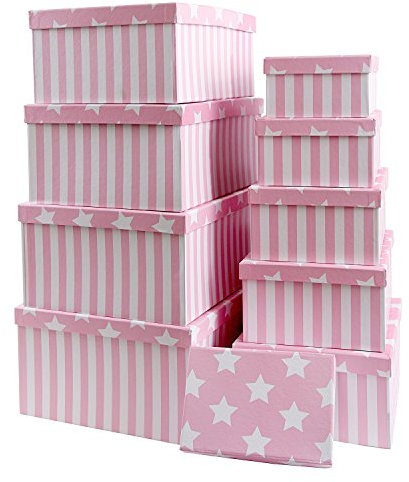 Brandsseller Lot de 10 boites gigognes, Boites-cadeaux, Boites de rangement, Boites en carton avec couvercle – Carton solide à motif étoiles et rayures, Carton, Rosa, 37,5x29x16cm - 19x13x7,5cm