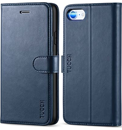 TUCCH Funda Cartera Compatible con iPhone SE 2022 5G (4.7), Funda Protectora Piel Suave Cáscara de TPU, Soporte Plegable, Ranura para Tarjeta, Funda Tapa Libro para iPhone SE 2020/8/7, Azul Oscuro