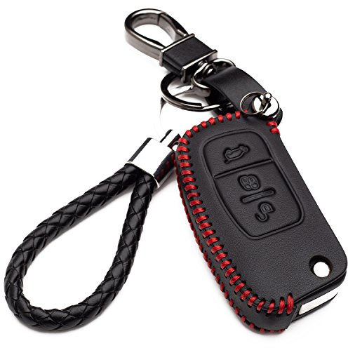 KASER Hülle Autoschlüssel Ford - Kunstleder Schutzhülle mit Schlüsselanhänger Schlüssel 3 Tasten für Ford Fiesta Focus Galaxy Fusion S-Max Kuga Ecosport Schutz Etui für Fernbedienung(Rote Naht)