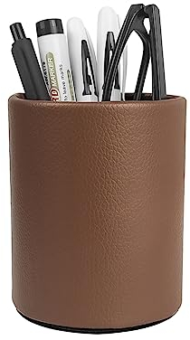 Fosinz Pot à crayons rond en cuir synthétique pour la maison, le bureau, l'école (marron)