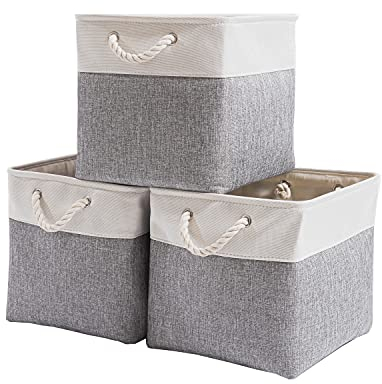 Mangata Canvas Storage Boxes, 33 x 38 x 33cm Large Foldable Storage Baskets for Organizing Clothes Nursery Home (Grey/White, Set of 3)