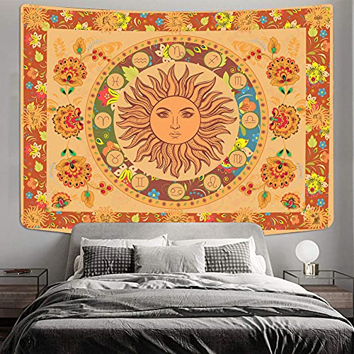 Uposao Tarot Wandteppich, Psychedelische Blumen und Sonne Bohemien Hippie Tarot Tapisserie Gold Wandbehang TarotkarteKonstellation Astrologie Wandtuch für Wohnzimmer Schlafzimmer Dekor,150x130cm