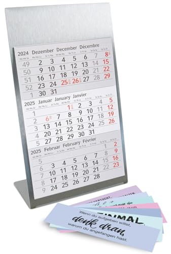 Tischkalender zum Aufstellen aus Edelstahl I Motivation Pastell I für 2 Jahre 2025/2026 I 3-Monats-Kalender Block Magnet I mehrsprachig D/GB/F I Silber matt klein I tr085