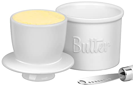 Buttertopf Französischer Butterhalter mit Wasserleitung für Theke Die Original Porzellan Butterdose mit Messer Geschenk für Thanksgiving, Weihnachten und Muttertag Weiß JSHKY