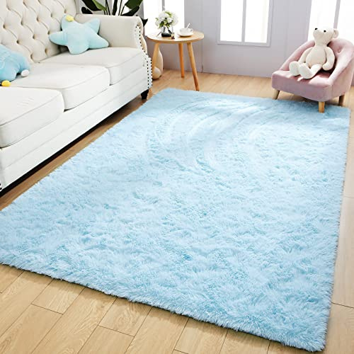 Kelarea Superweicher Shaggy-Teppich, flauschig, Schlafzimmerteppiche, 1.5x2.4 m, Babyblau, moderner flauschiger Plüsch-Teppich für Wohnzimmer, Wohnheim, dekorative Kinder, Kinder, Bodenteppiche