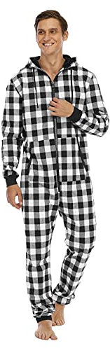 Herren Jumpsuit Onesie mit Kapuze Tasche Plaid Lang Overall Pyjama Winter Warm Reißverschluss Langarm Hoodies Schlafanzug Einteiler Homewear Schlafoverall Nachtwäsche Strampler