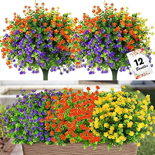 SMALUCK Artificial Fake Flowers 12 Bundles Outdoor UV Resistant Plants Faux Plastic Greenery Shrubs Plants for Hanging Home Garden Porch Window Wedding Party Decor