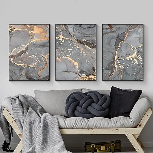 LYBOHO Wandbilder Wohnzimmer Grau Golden Fluid Art Marmor Textur Abstrakte Wandkunst Leinwand Bilder - Ohne Rahmen (Marmoriert 3, 3PCS-40x60cm)