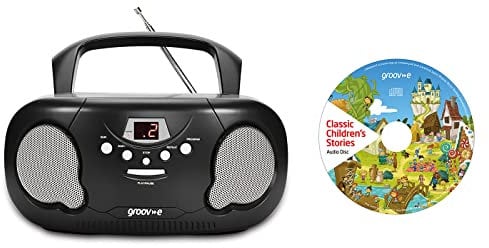 groov e Orginal Boombox & Kids Story CD Bundle - Portable CD Player with Radio, 3.5mm Aux Port, & Headphone Socket - CD Features 10 Classic Children's Stories - Battery or Mains Powered - Black