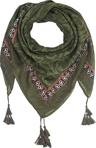 fashionchimp Damenschal mit Zier-Quasten und Muster-Mix Stickerei, Fransen-Schal, Dreieck-Tuch (Moosgrün Ornamente)