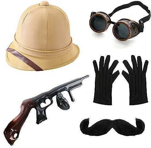Hunter Explorer tillbehörsset – pith-hatt, skyddsglasögon, uppblåsbar tommy-pistol, svart mustasch och ett par svarta handskar – perfekt för Explorer-temafest fin klänning och andra maskeradevenemang