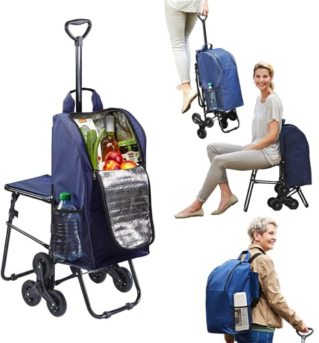 Avilia Einkaufstrolley mit klappbarem Sitz – maximale Manövrierbarkeit und Komfort | 3-Rad-System, Teleskopgriff, abnehmbare Kühltasche | Fassungsvermögen 35 l, ideal für ältere Menschen und Familien