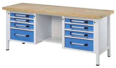 eurokraft | Werkbank | Gestellbauweise | Breite 2000 mm | 8 Schubladen | Buche massiv