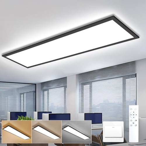 Oraymin LED Panel Deckenleuchte Schwarz 120x30 cm, Lampe Wohnzimmer mit Fernbedienung, Moderne Küchenlampe 40W 4400LM, Neutralweiße Deckenlampe Für Büro, Wohnzimmer, Küche, Schlafzimmer