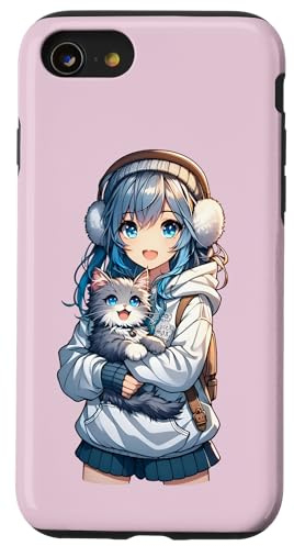 Niedliches Anime-Mädchen mit einer Katze für Katzenliebhaber Otaku Manga Hülle für iPhone SE (2020) / 7 / 8