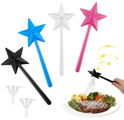 4PCS Salt and Pepper Shakers Set,Fairy Wand Salt Shaker with Funnel,Refillable Stick Spice Dispenser with 3 Holes, Cute Star Wand Salt and Pepper Holder, Kitchen Accessories for BBQ, Camping