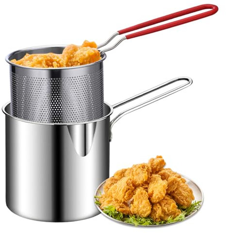 Olla para freidora con cesta, 2 unidades/juego, sartén de acero inoxidable con mango de 1,2 L, sin recubrimiento, espejo pulido, cepillada, para patatas fritas, pescado, alitas de pollo, freidora,