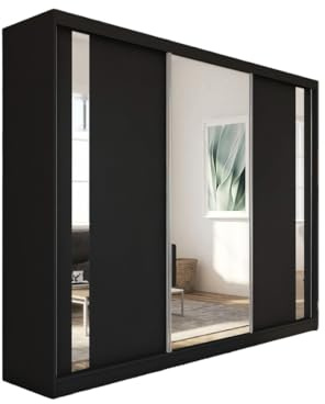 Margaret Hadas24 Kleiderschrank Gabo mit Spiegel, Organizer, Mehrzweckschrank, Schwebetürenschrank, Garderobenschrank, Kleiderstange, Kleiderständer, Flurschrank, Garderobe, Schrank, schwarz, 240 cm