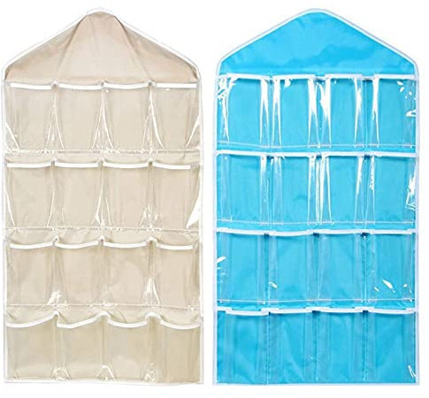 2 Pcs Polyester Wall Hanging Wardrobe Storage Waterproof Door Hanging Storage Bag Shoe Rack Hanger Underwear Bra Socks Closet Storage Organizer With 16 Pockets for Bedroom Living Room Bathroom