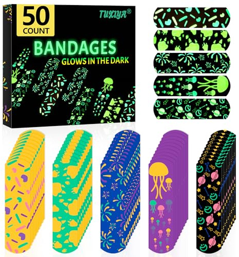 TUXIYA 50 Count Kids Bandaids, Glow in The Dark & Waterproof Bandages | One Size Cute Bandaids for Kids and Adults, 5 Styles Adhesive Bandages for Minor Cuts, Scrapes, Wounds and First Aid