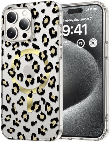 Unichthy Case For iPhone 14 Pro Cover,Compatible with MagSafe,Military-Grade Protection Yellowing Resistant Leopard Prints Clear TPU Shockproof Magnetic Phone Case for iPhone 14 Pro,Black Leopard