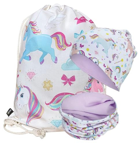 HECKBO Einhorn Turnbeutel + Beanie & Loop Schal mit Jersey Stoff innen wendebar
