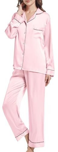 JCQIGOA Seta Donna Pigiama a Maniche Lunghe Set Pigiama Donna Lungo Set Pezzi Loungewear Pigiama da Notte Lungo Pigiama da Notte