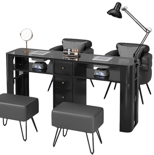 TT-YEC Luxury Manicure Table, Metal Frame Manicure Table Tempered Glass Table Top, Nail Salon Manicure Table with Nail Powder Collector, Suitable for Manicurist Manicure Equipment,BL160CM