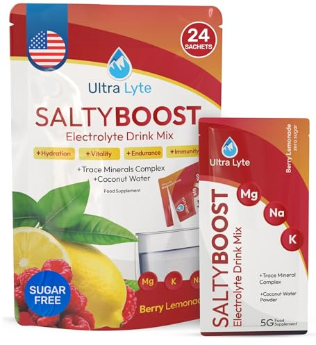 Ultra Lyte Electrolytes Drink Mix - Sugar-Free Salty Berry Lemonade Powder - 24 Sachets with High Sodium, Trace Minerals, and Coconut Water - Hydration for Training, Rehydration, and Wellness