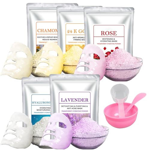 Facial Mask Powder Professionell, 5 PCS Maskenpulver, Peel-Off Maske Mit Zubehör, Maskenpulver Für Feuchtigkeit, Straffung & Beruhigung, DIY Gesichtsmaske Für Spa Und Zuhause - 5 Flavors (B)