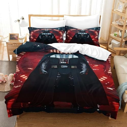 EVMILA Star Wars Bettbezug Set 3D Gedruckter Darth Vader Mädchen Junge Kinder Bettwäschegarnitur Reissverschluss Weich Microfaser Und Kissenbezüge Bettwäsche 3 Teilig Single(140x200cm)