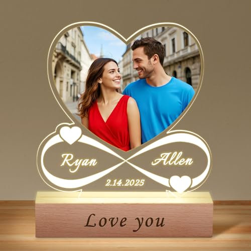 Skyeasure Bilderrahmen in Herzform mit Foto, personalisierbar, Verlobungsgeschenk, Hochzeitsgeschenk, Paar, Geschenke für Frauen und Männer, personalisierter Bilderrahmen mit Nachtlicht