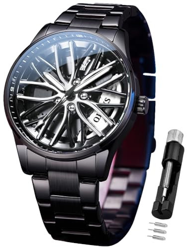 OLEVS Herrenuhren Drehende Auto-Rad Quarzuhren Modischer Sport Edelstahl Herrenarmbanduhr Leuchtend Wasserdicht für Männer