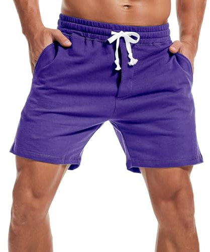 Amy Coulee Pantaloncini sportivi da uomo, 14 cm, con coulisse, in cotone, casual, con tasche, Viola, M