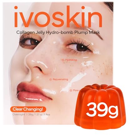 IVOSKIN Collagen Jelly Hydro-bomb Plump Mask, Hydrating 39g x 4ea Real Collagen Mask, Firming and Moisturizing for Glow Skin, Collagen Water over 670,000 ppm