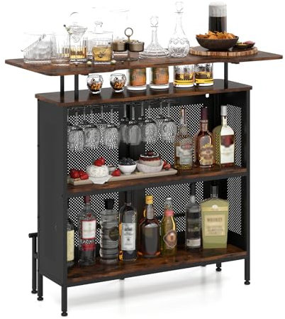 COSTWAY Bartisch Küche, Küchentheke mit Stauraum und Fußstütze, Theke Bar mit Metallrahmen, verstellbare Füße, 110,5 x 48 x 112,5 cm, Vintagebraun