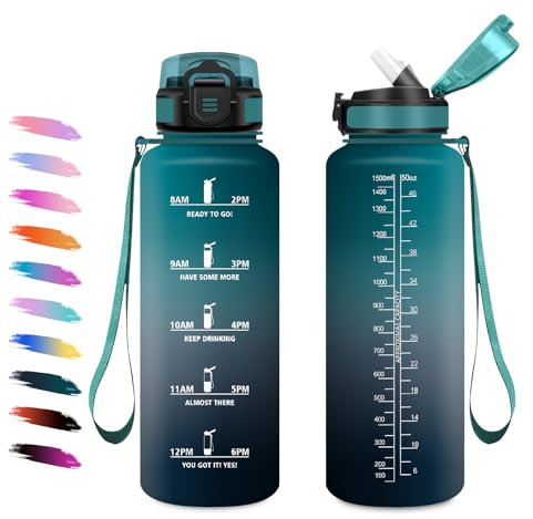 Borraccia 1,5L, Bottiglia Sportiva con Cannuccia, a Prova di Perdite, Bottiglia Acqua Sportiva con Indicatore del Tempo, Motivazionale Borraccia per Escursionismo, Campeggio, Ciclismo, Lavoro