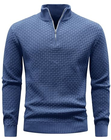 Zaitun Mens Quarter Zip Jumper Waffle Knitted Turtleneck Sweater Warm Long Sleeve Tops Casual Mock Neck Pullover Blue
