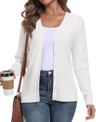 YUNDAI Womens Cardigan V Neck Long Sleeve Lightweight Button Down Open Front Jumpers Cardigans Cable Knit Outerwear Tops for Ladies, Large White