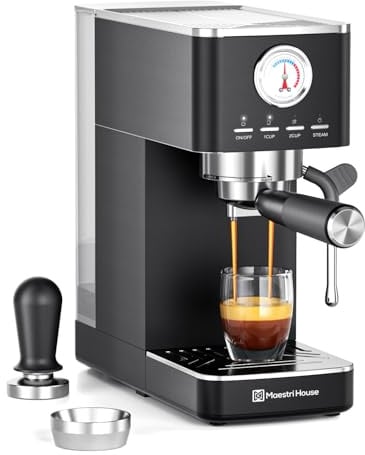 Maestri House Espressomaschine 20 Bar ULKA Pumpe Schwarz | Edelstahl Kompaktgerät mit Milchaufschäumer & Mengenanzeige für Cappuccino und Latte Macchiato